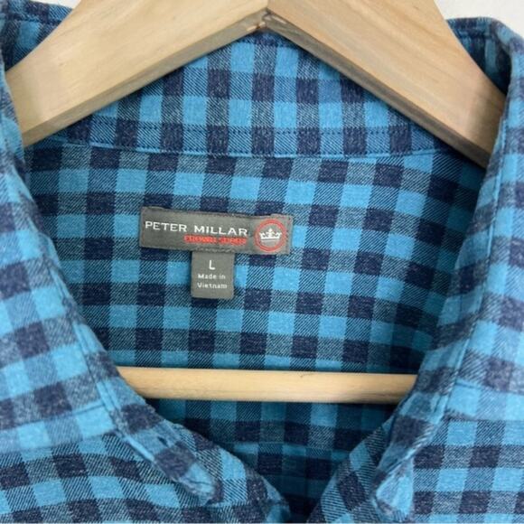 Peter Millar Crown Sport Blue Vedder Gingham Shirt Performance Flannel Size L - Picture 10 of 13
